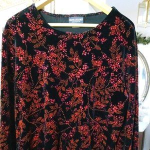 Notations Black Velour Top with Rust Glittering creating Floral Designs Size L